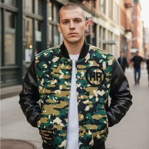 Camo and Black Leather Men's Varsity Jacket